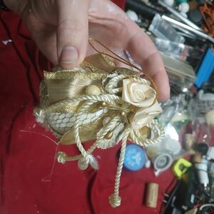 handcrafted Victorian-style ornament Embroidered Gold Bow White Rose Tassel